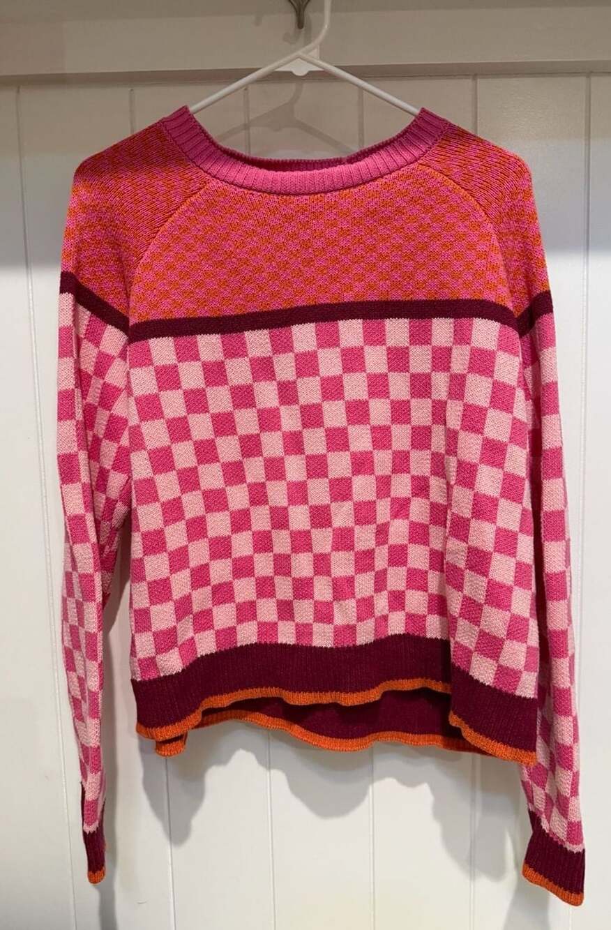 Foil Checkered Knit Sweater Pink Orange Size M